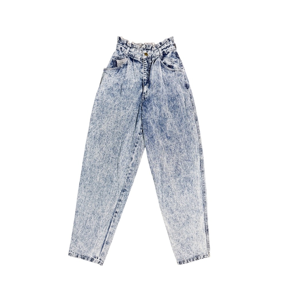 Vintage Acid Wash Paperbag Waist Jeans Women 3/4 Blue High Rise Tapered‎ 80s 90s